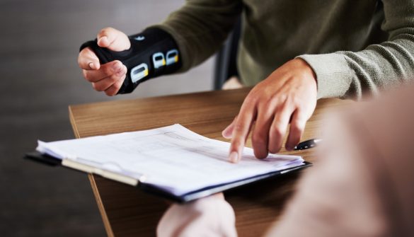 Injury, compensation and man hands with insurance documents, legal contract and paperwork. Disability, accident and people in lawyer or attorney meeting for advice, agreement or policy report closeup comcare